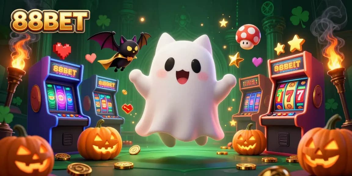 Engage in a thrilling casino experience with 88BET's ghost cat and vampire bat in a haunted mansion.