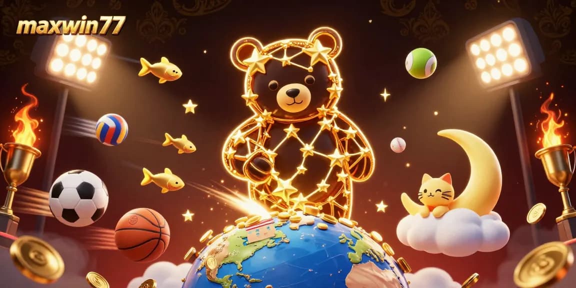 Experience thrilling wins with maxwin77's dynamic sports gaming scene filled with golden coins and excitement.