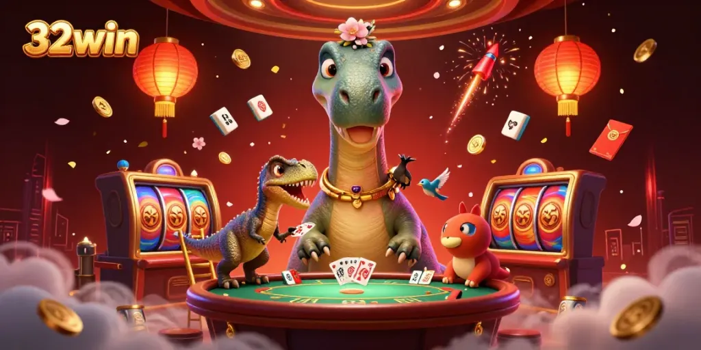 Engage in thrilling bets at 32win, where a brontosaurus oversees a lively poker scene.