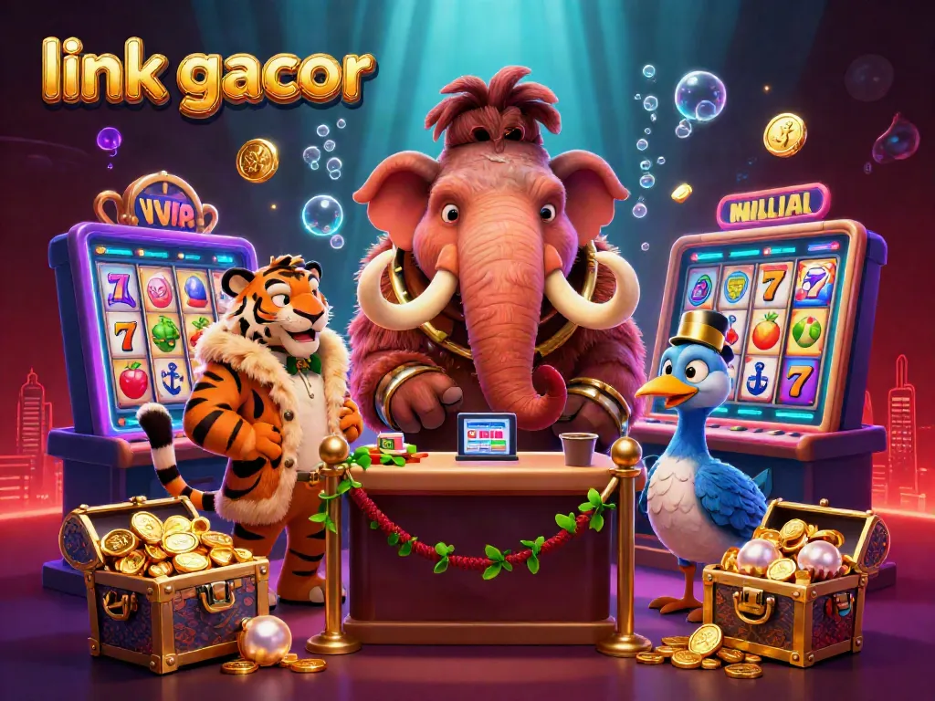 Check IDs at the entrance of a vibrant casino with the link gacor brand represented through animated elements and lively characters.