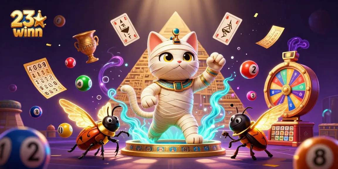 Spin and win with 23winn in a vibrant pyramid casino featuring dynamic lottery elements and glowing characters.