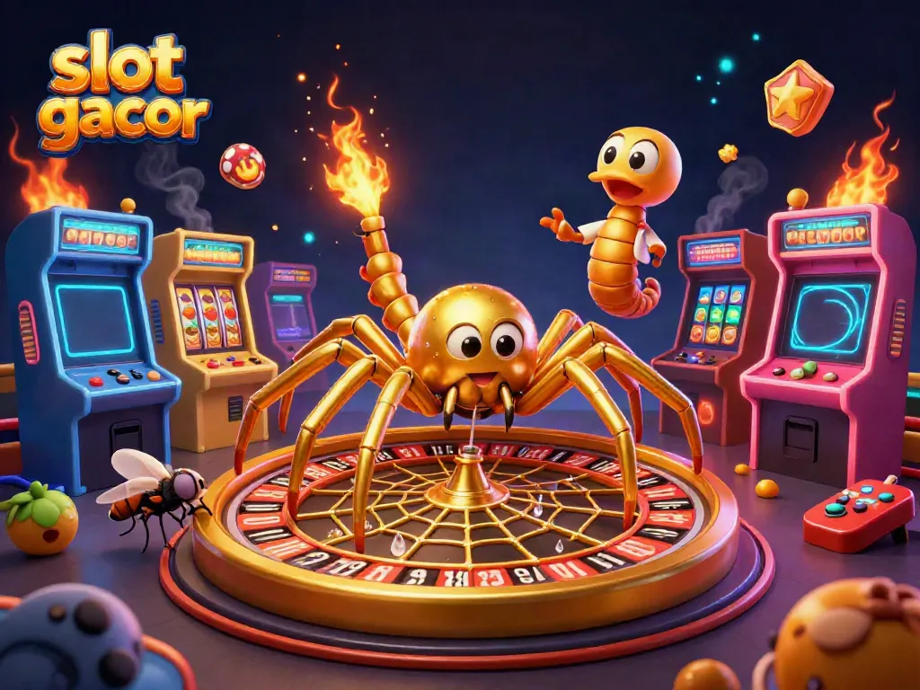 Experience the thrill of slot gacor with a dynamic illustration of casino-themed characters and games.