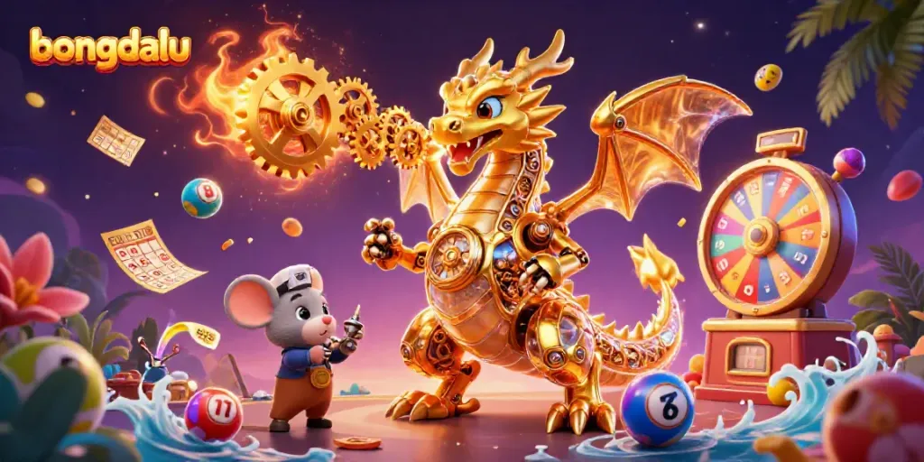 Bongdalu showcases a vibrant scene with a golden dragon and colorful lottery elements, captivating for betters.