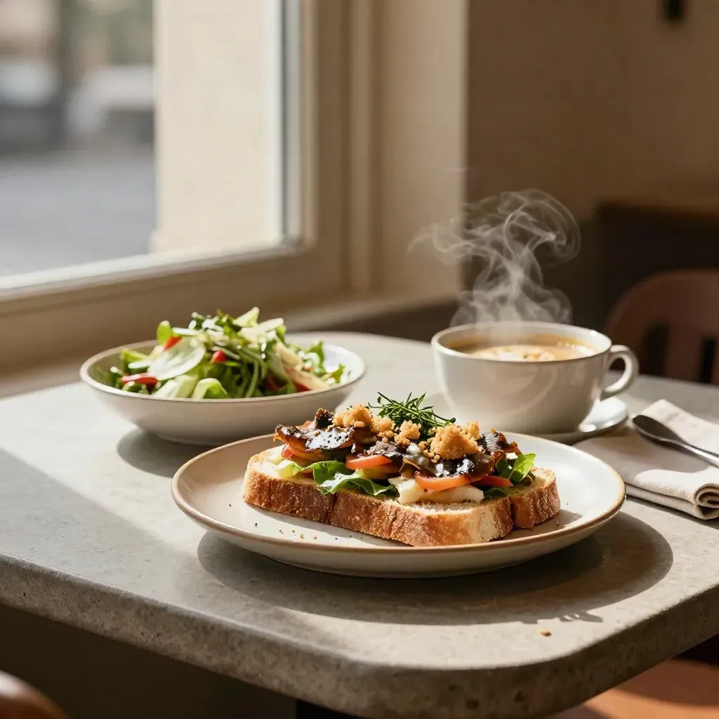 Lunchgerechten op een stenen cafétafel met soep, salade, brood en stoom in warm middaglicht.