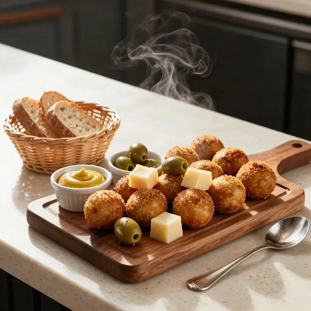 Borrelplank met bitterballen, kaas, olijven en brood op een travertinen barblad.