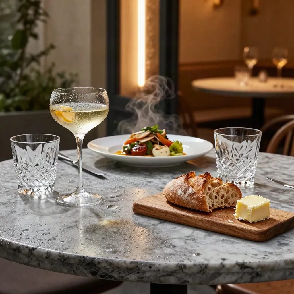 Marmeren tafel met wijn, cocktail en brood op De Gastrobar-terras na zomerse regen