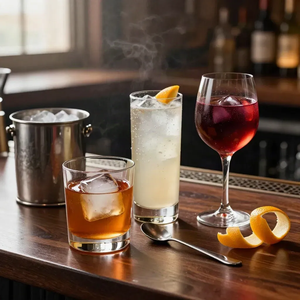 Drie cocktails aan de bar met ijs, citrus en barlepel in warm licht.
