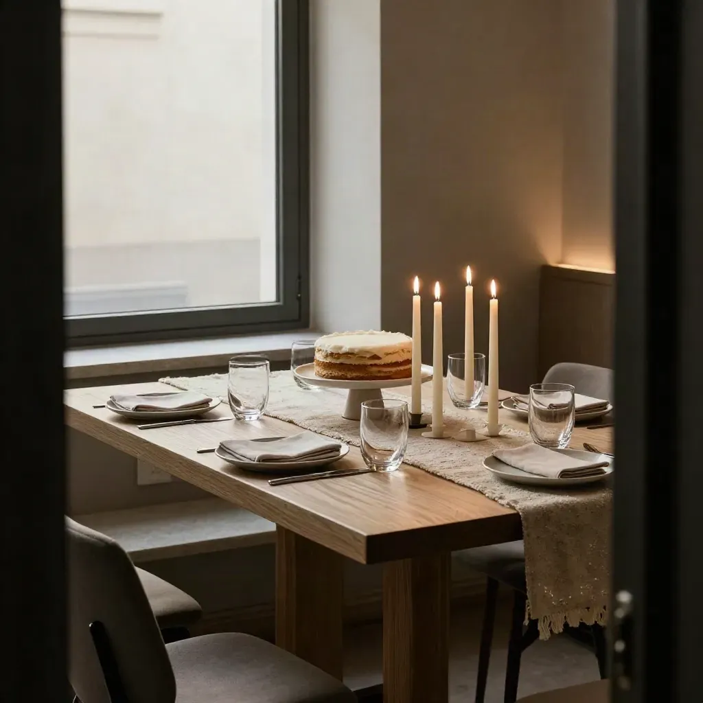 Verjaardagstafel bij het raam met taart, glazen en bordjes in warm, stil restaurantlicht.