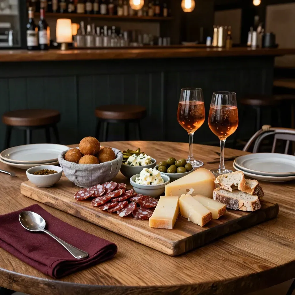 Borrelplank met spritzglazen en hapjes op een warme houten tafel in De Gastrobar