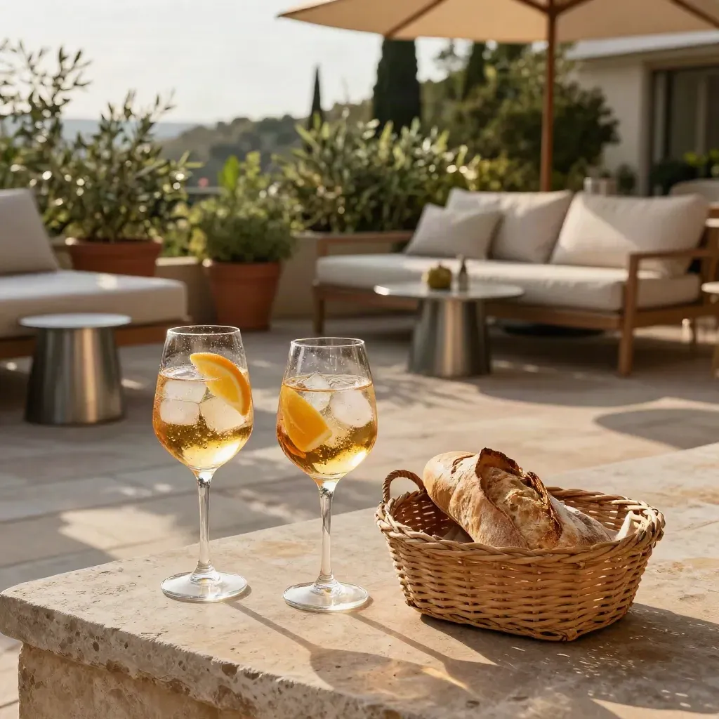 Zomerse barterrasse met glazen, broodmand, plantenbakken en loungezit in warm avondlicht.