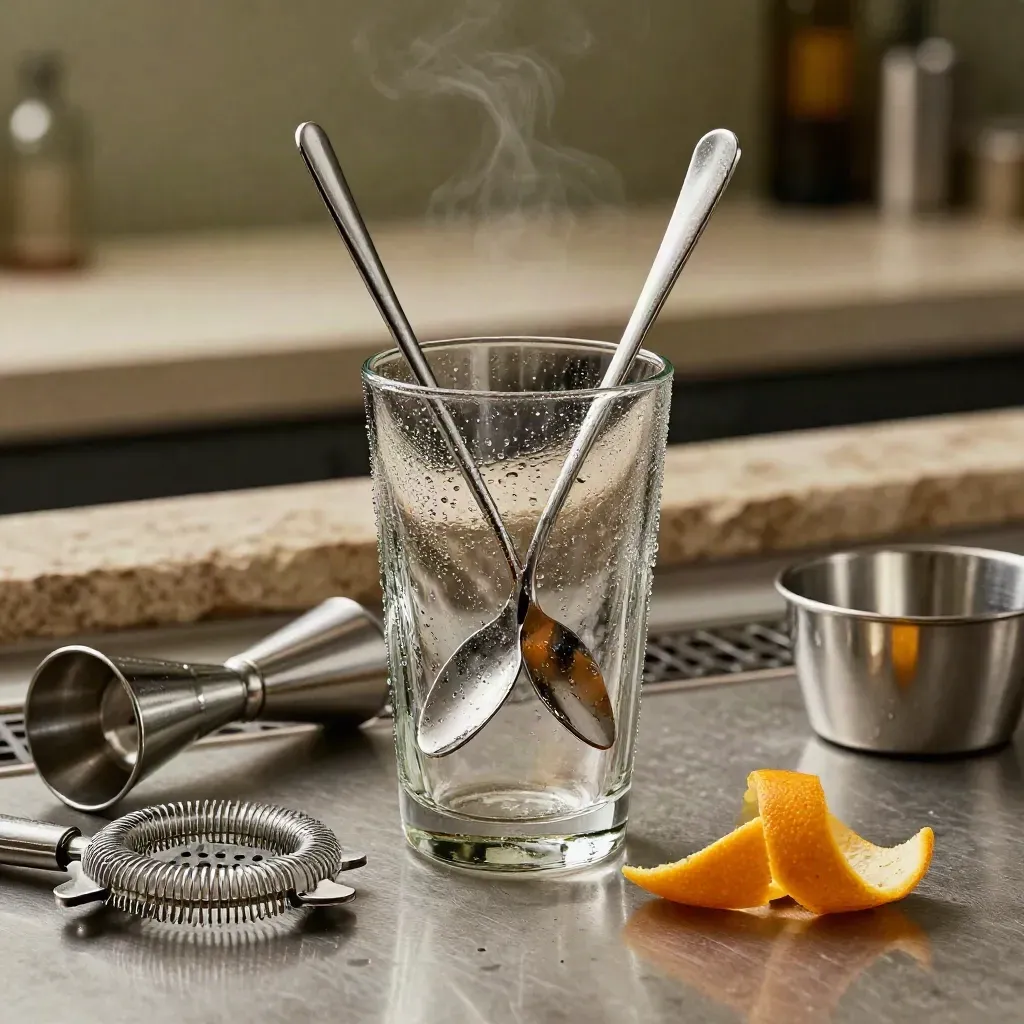 Barset met condens op mengglas, barlepel, jigger, zeef, citruspeeler en ijsemmer in koel mistlicht.