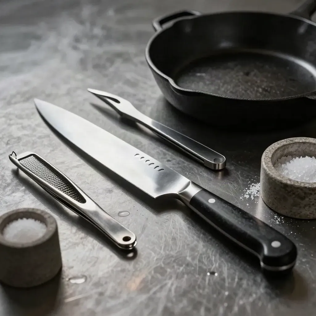 Culinaire tools op RVS: Japans mes, skillet, microplane, tang en zoutvat in dramatisch licht.