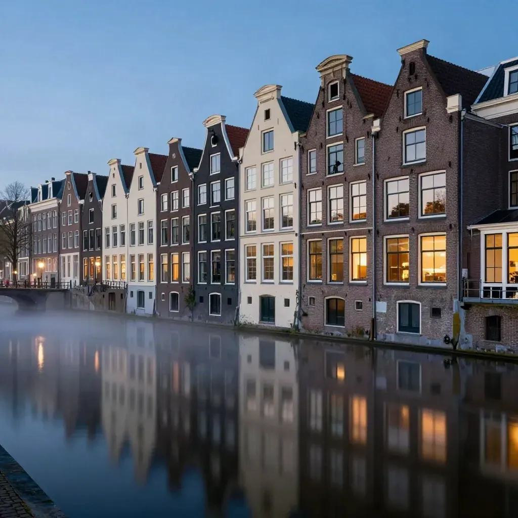 Amsterdamse grachtenpanden en brugsilhouet weerspiegeld in stil water bij schemering