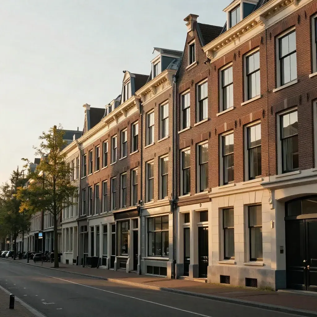 Amsterdam Zuid met warme gevels, platanenlaan en zachte gouden avondhaze