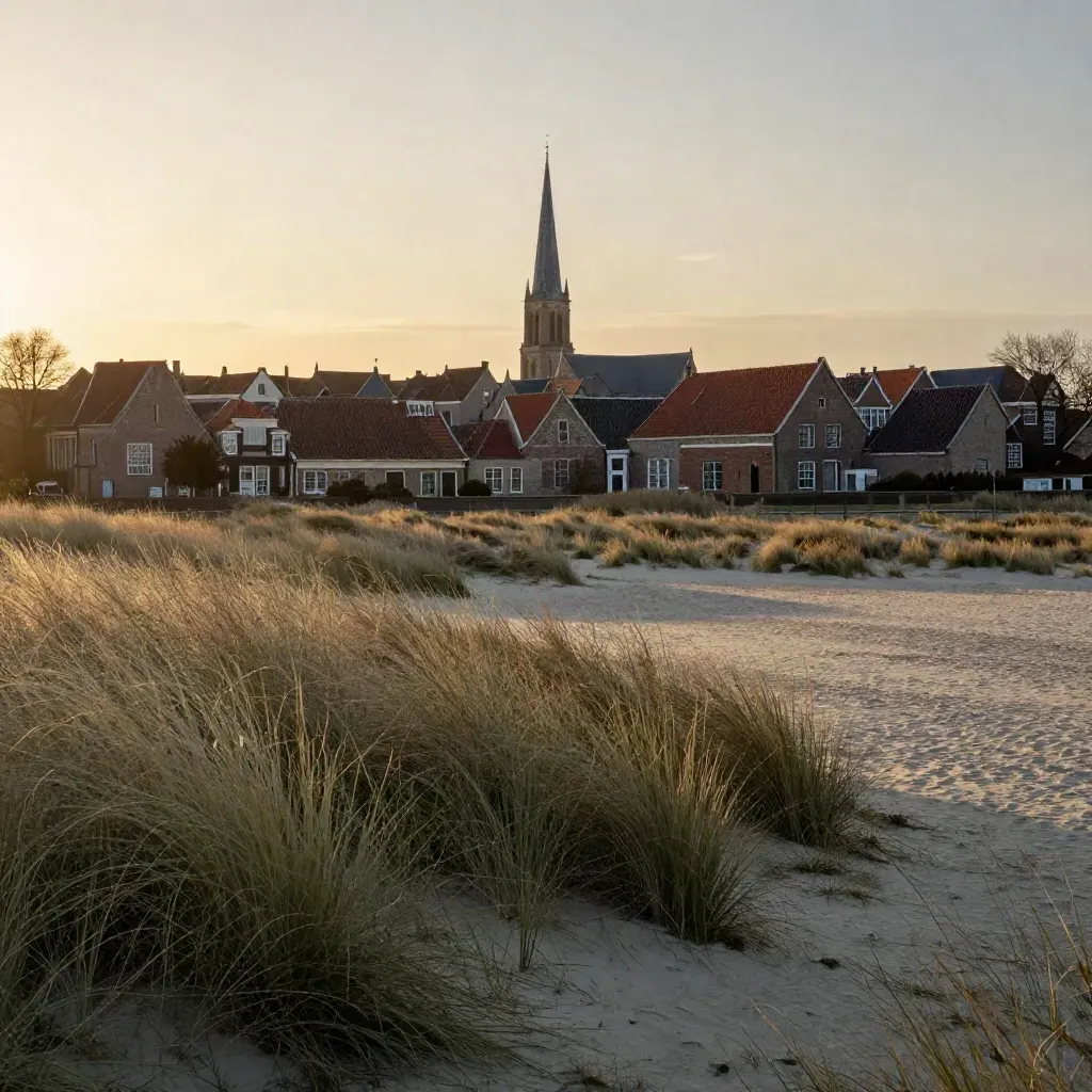 Duingras voor Haarlemse daken en een torenspits in warme zonsondergangsnevel.