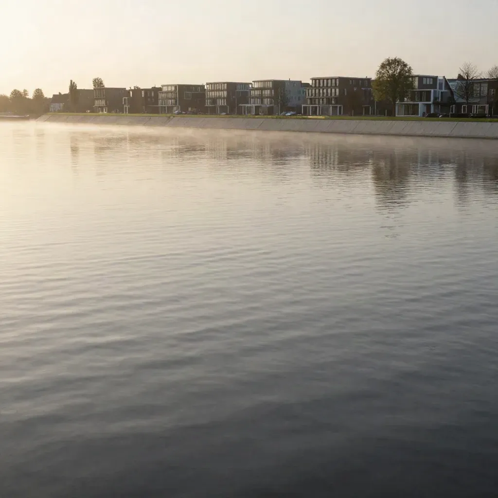 Amstelveen met waterlijn, lage gebouwen en boomsilhouetten in zachte avondmist