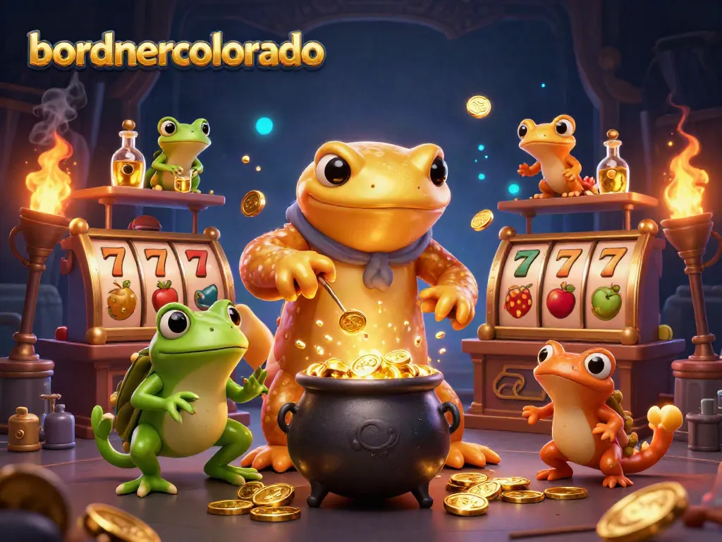The bordnercolorado casino scene features a golden salamander alchemist creating gold coins with lively slot reels and dramatic lighting.