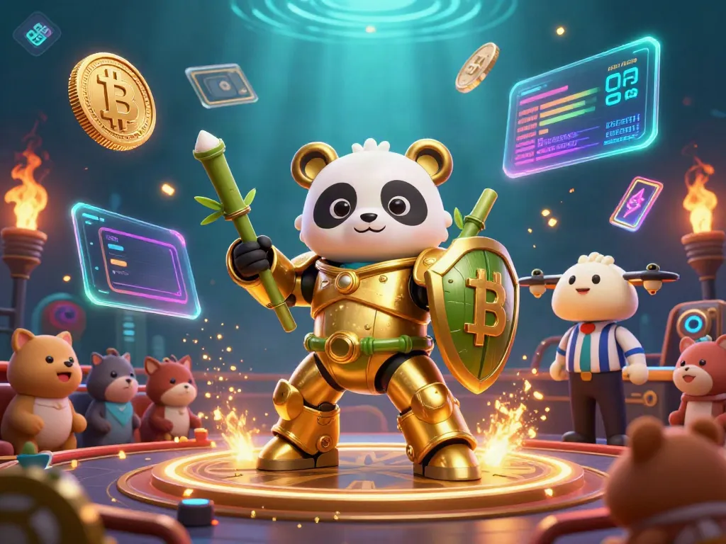 Engage with DH88 in a vibrant casino battle featuring a mech-suit panda amidst Bitcoin and Ethereum elements.