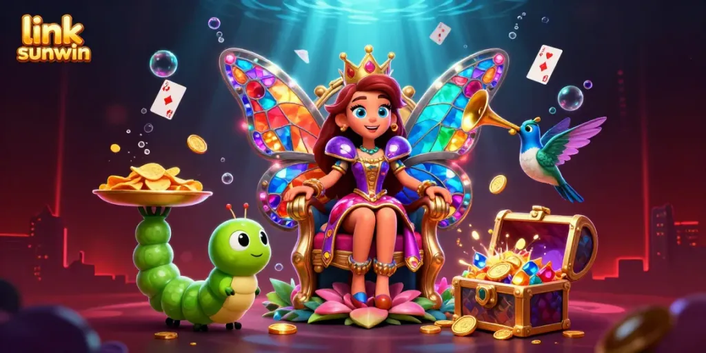 Engage with link sunwin in this vibrant 3D casino illustration featuring a butterfly queen amidst treasure and gaming elements.