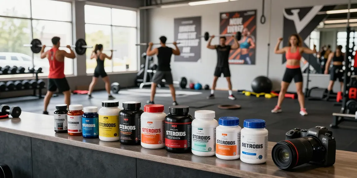 Authentieke fitness scene met Unique Pharma Steroïden Winkel op de toonbank, sporters in actie.