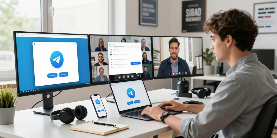 Download Telegram in a modern workspace, showcasing professionals collaborating with the app on multiple devices.