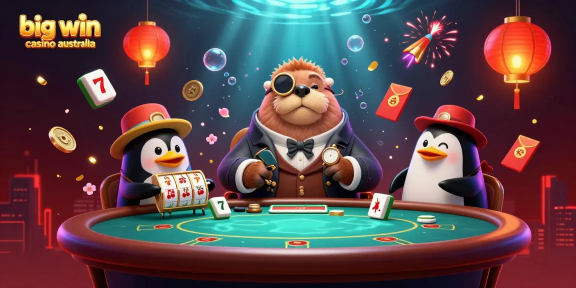 Experience big win casino australia with a jolly walrus and friends at a vibrant poker table.