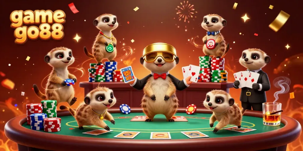 Experience game go88 with lively meerkats managing a colorful casino in a festive atmosphere
