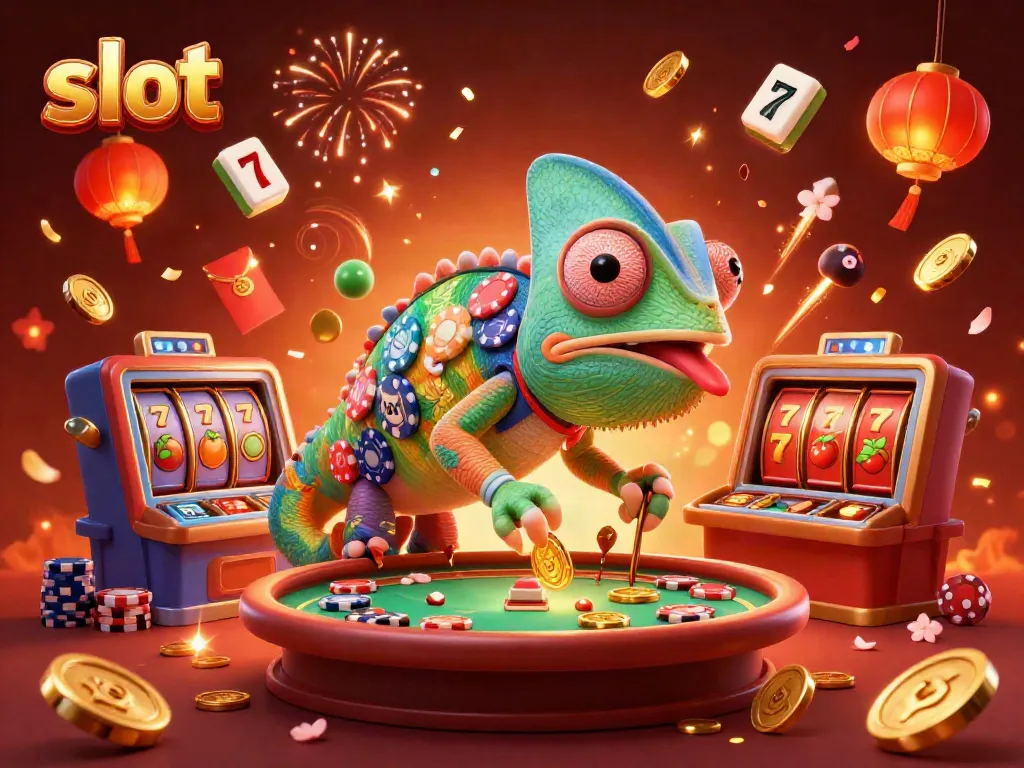 Play exciting slot games with a dynamic chameleon casino owner amidst vibrant symbols