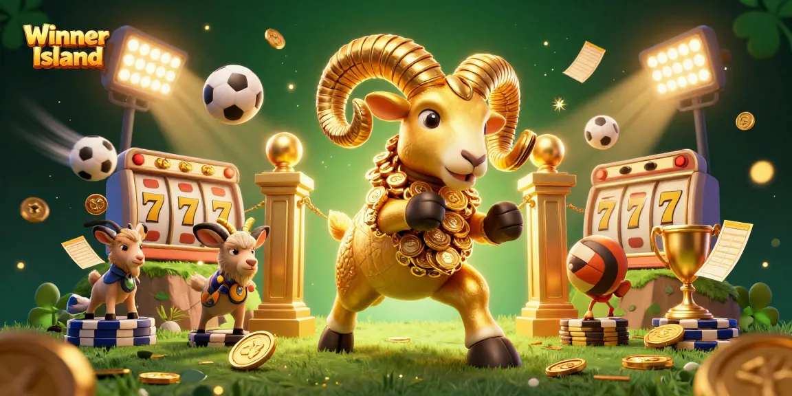 Engage in thrilling gameplay on Winner Island with vibrant slot reels, golden trophies, and dynamic 3D characters.