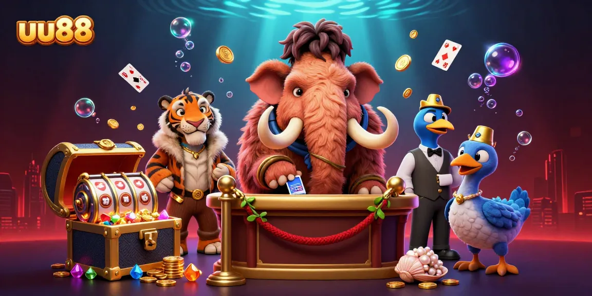 Join the excitement with uu88 at the casino featuring a mammoth bouncer and a saber-tooth guest.