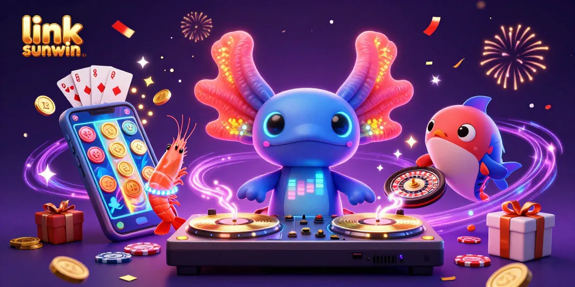 Win big with link sunwin as a lively axolotl DJ spins casino games in a vibrant underwater scene.
