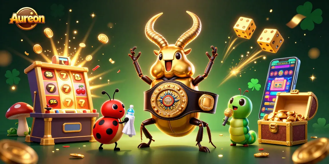 Aureon casino attracts players with vibrant 3D visuals of a beetle boxing alongside exciting jackpot symbols.