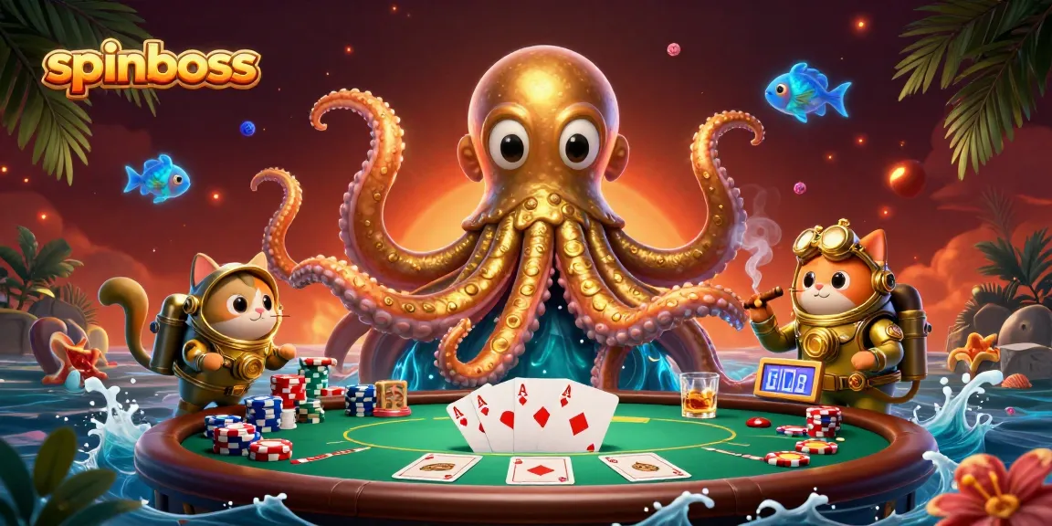 Spinboss casino art showcases a kraken and diving cat at a vibrant poker table.