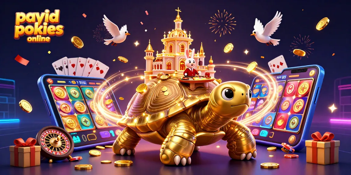 Engage with payid pokies online featuring a vibrant illustration of a golden tortoise casino and lively gameplay elements.